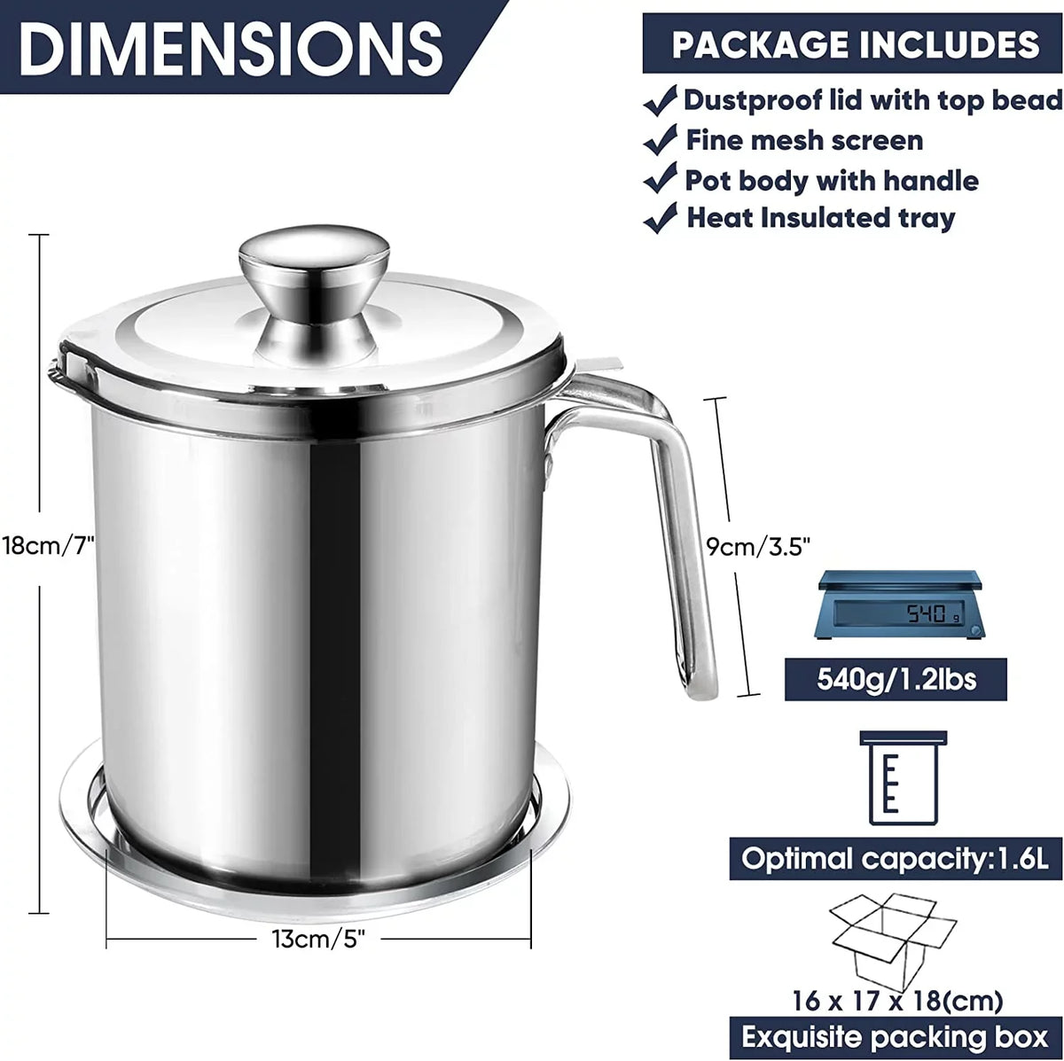 Oil Strainer Pot Grease Can 2L / 67.6 fl oz,Food Strainer Stainless Steel Oil Storage Container,with Fine Mesh Strainer Dust-proof Lid Non-slip Tray,for Storing Frying Oil & Cooking Grease