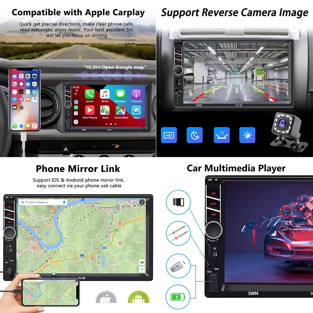 Podofo 2 Din Car Stereo with Apple -play 7 inch Touch Screen Car  Player Car Radio Bluetooth  with 4  Rear View Camera
