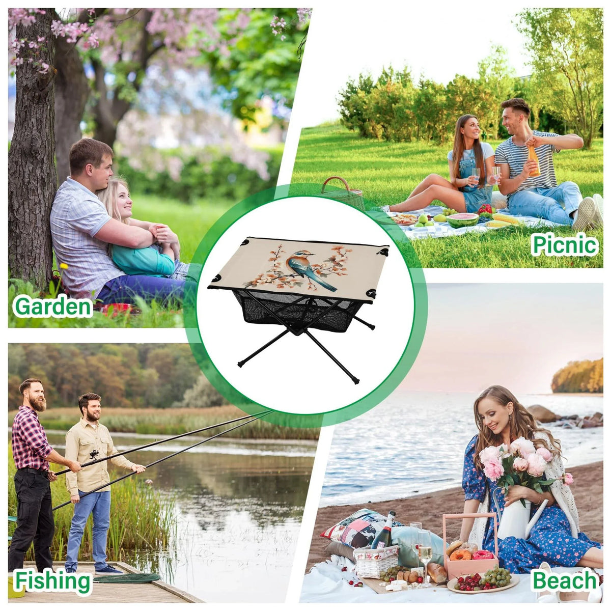 Birds on Flower Branches Camping Folding Table Portable Beach Table with Storage Bag Compact Picnic Table for Outdoor Travel Fishing