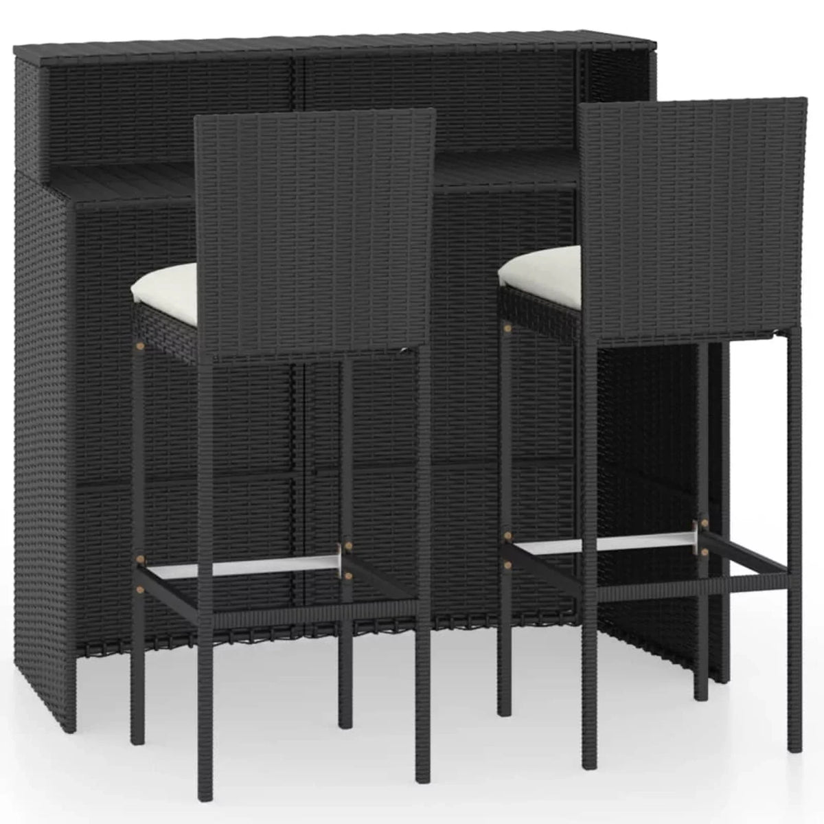 Anself 3 Piece Patio Bar Set Bar Table and 2 Cushioned Bar Stool Chair with Footrest and Backrest Black Poly Rattan for Patio, Balcony, Garden, Backyard, Outdoor Furniture