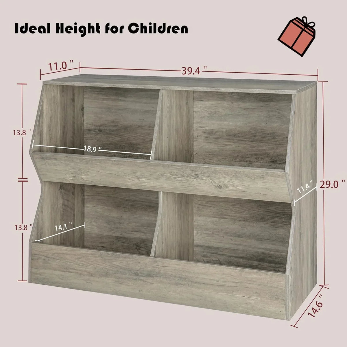 Kids , Toy Storage Organizer, Wooden Toy Storage Cabinet, 4 Cubby Children Bookcase, Toddler Book Toy Shelf for Bedroom, Nursery, Hallway, School, 39.4" Long, Gray Wash